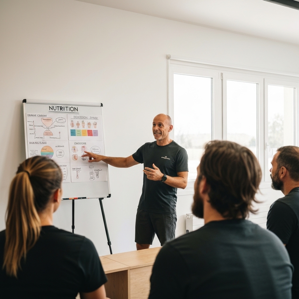 A professional fitness coach explaining a nutrition plan to a client in a private, modern studio setting in Crissier