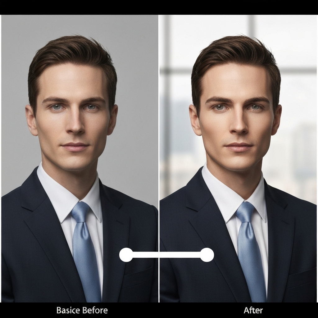 Comparison slider showing before and after lighting setup on a corporate portrait. Left side basic flat light, right side sculpted professional lighting emphasizing facial features.