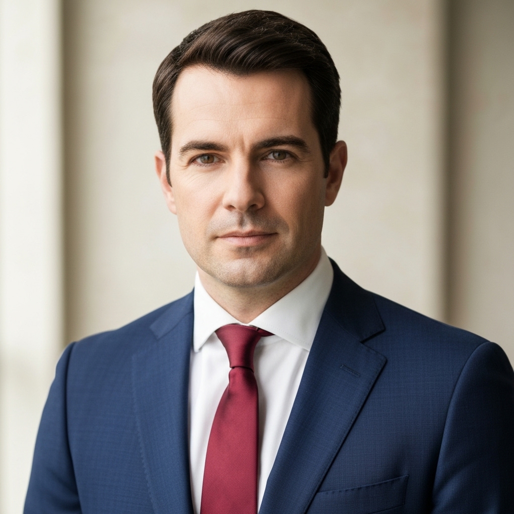 Portrait professionnel d'un dirigeant en costume sombre avec un éclairage de studio sophistiqué type Rembrandt, fond gris texturé, regard confiant vers l'objectif