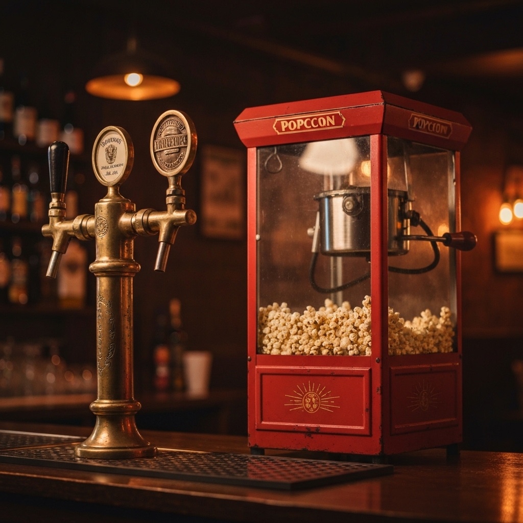 Close up of a vintage beer tap and popcorn machine in a dimly lit bar