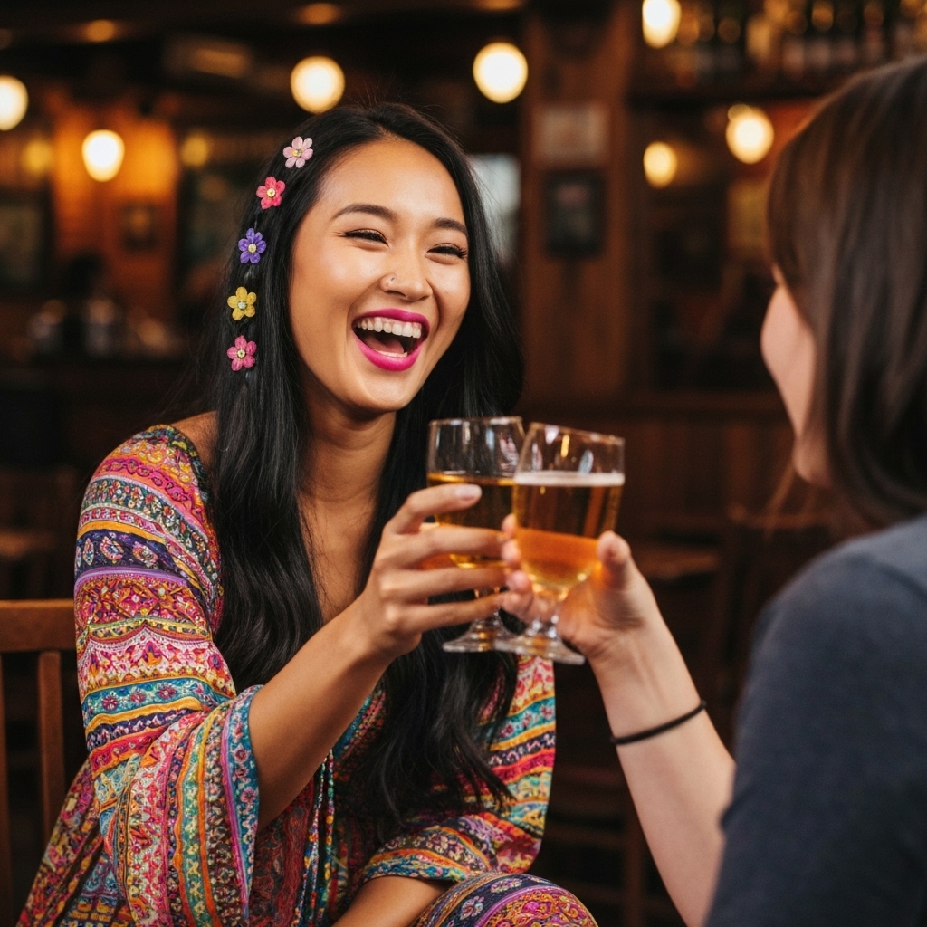 Friends laughing and toasting closely in a western style pub ambiance