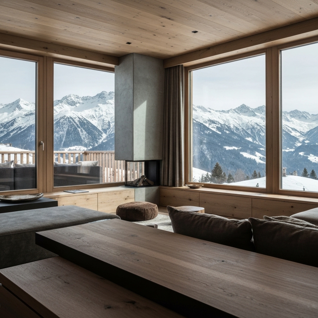 Beautifully designed modern living room in Switzerland with mix of textures and lighting