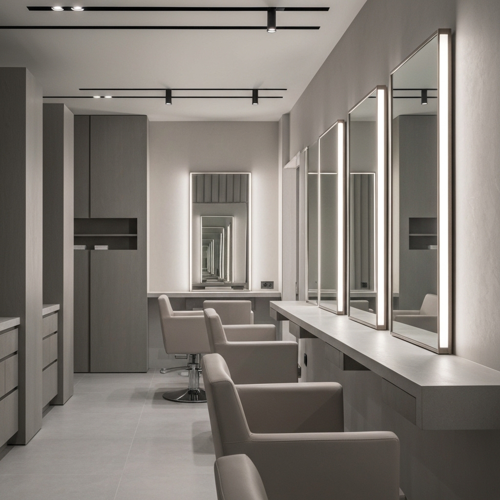 High-end hair salon interior with ergonomic chairs and modern lighting design