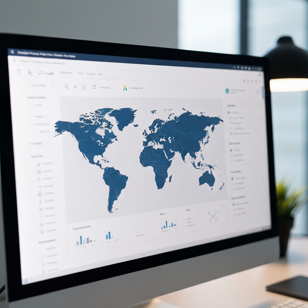 Close up of a computer screen showing Google Analytics dashboard with diverse traffic sources map specifically highlighting Switzerland and Europe
