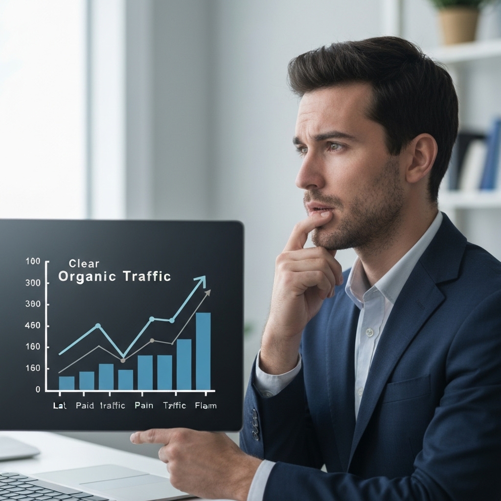 Illustration showing a struggling startup founder looking at a rising graph of organic traffic versus flat paid traffic