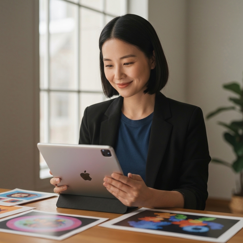 A digital artist using a tablet in a cozy, sunlit studio, checking analytics on a mobile phone with a satisfied expression.