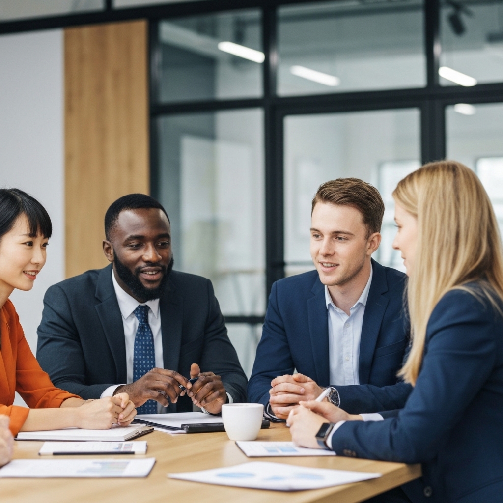 A professional marketing team brainstorming strategy around a table focused on retail shopping center layout and digital screens