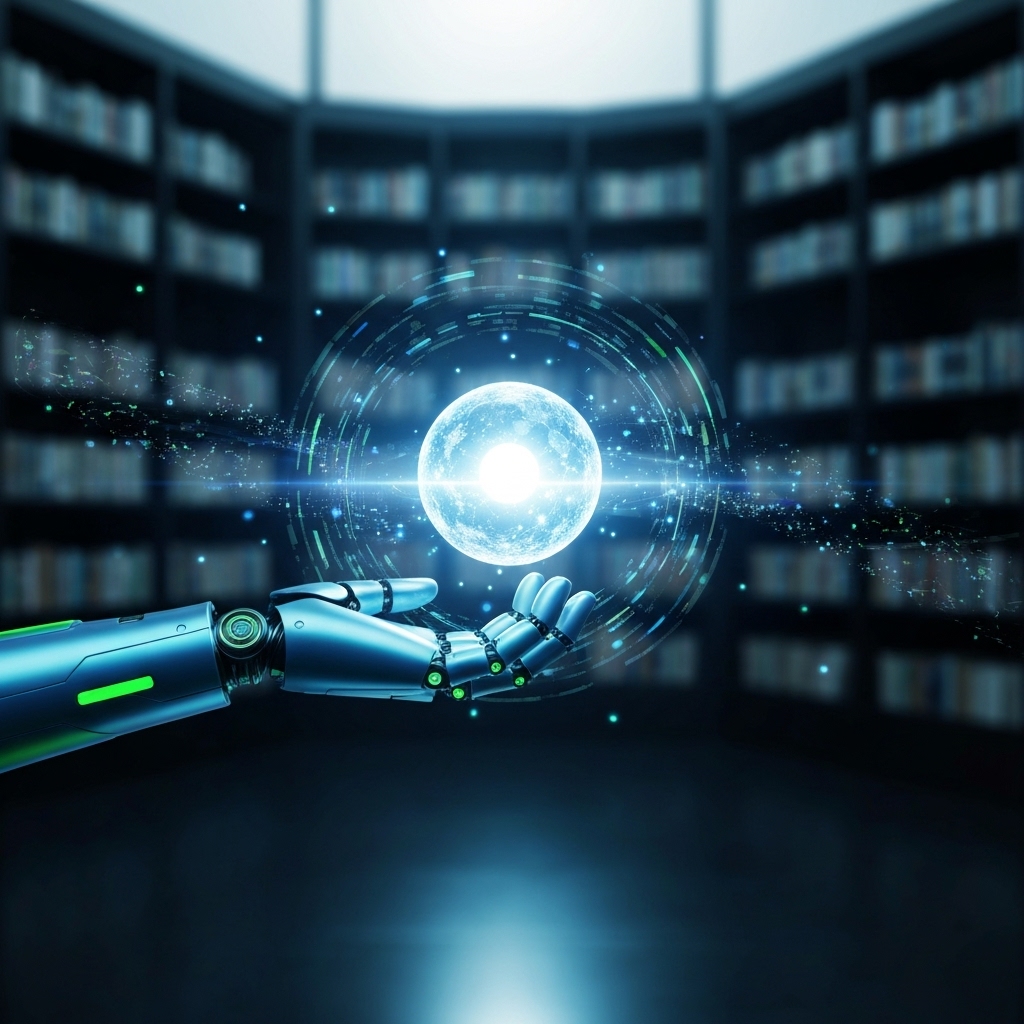 A futuristic digital library where a glowing robot hand retrieves a specific glowing book from millions of data points, symbolizing RAG technology