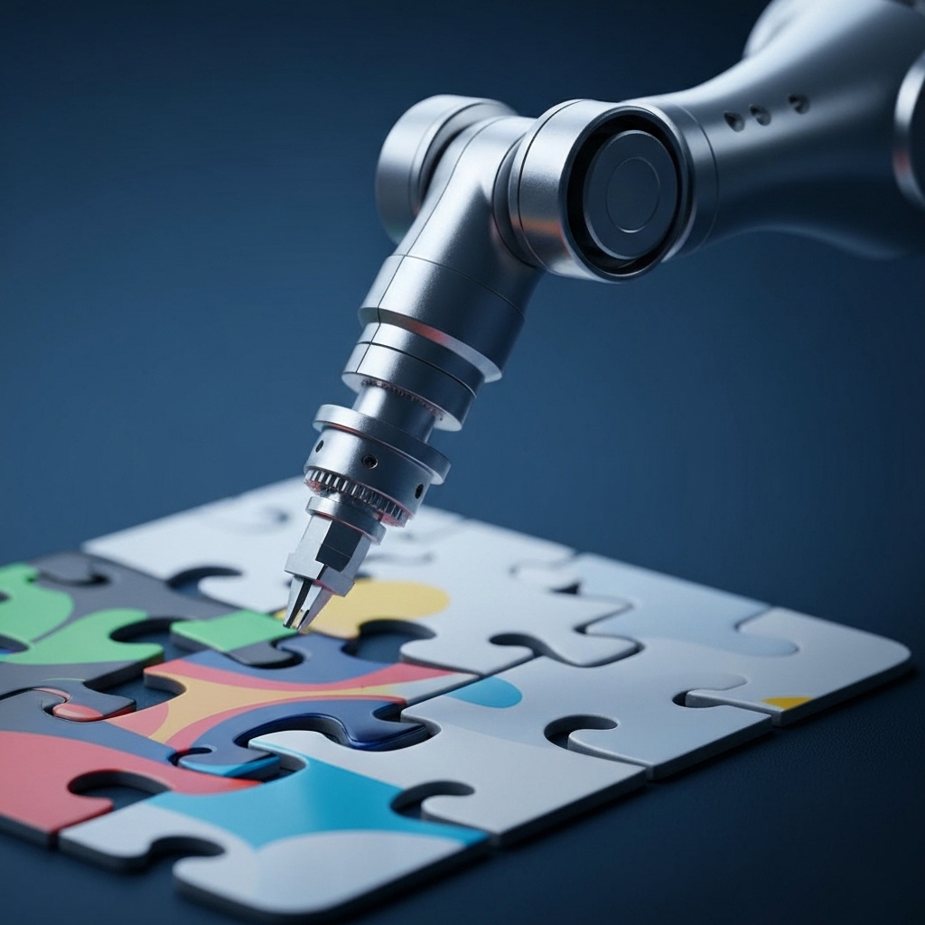 Concept art of a robotic arm rapidly but carefully assembling a puzzle representing content strategy