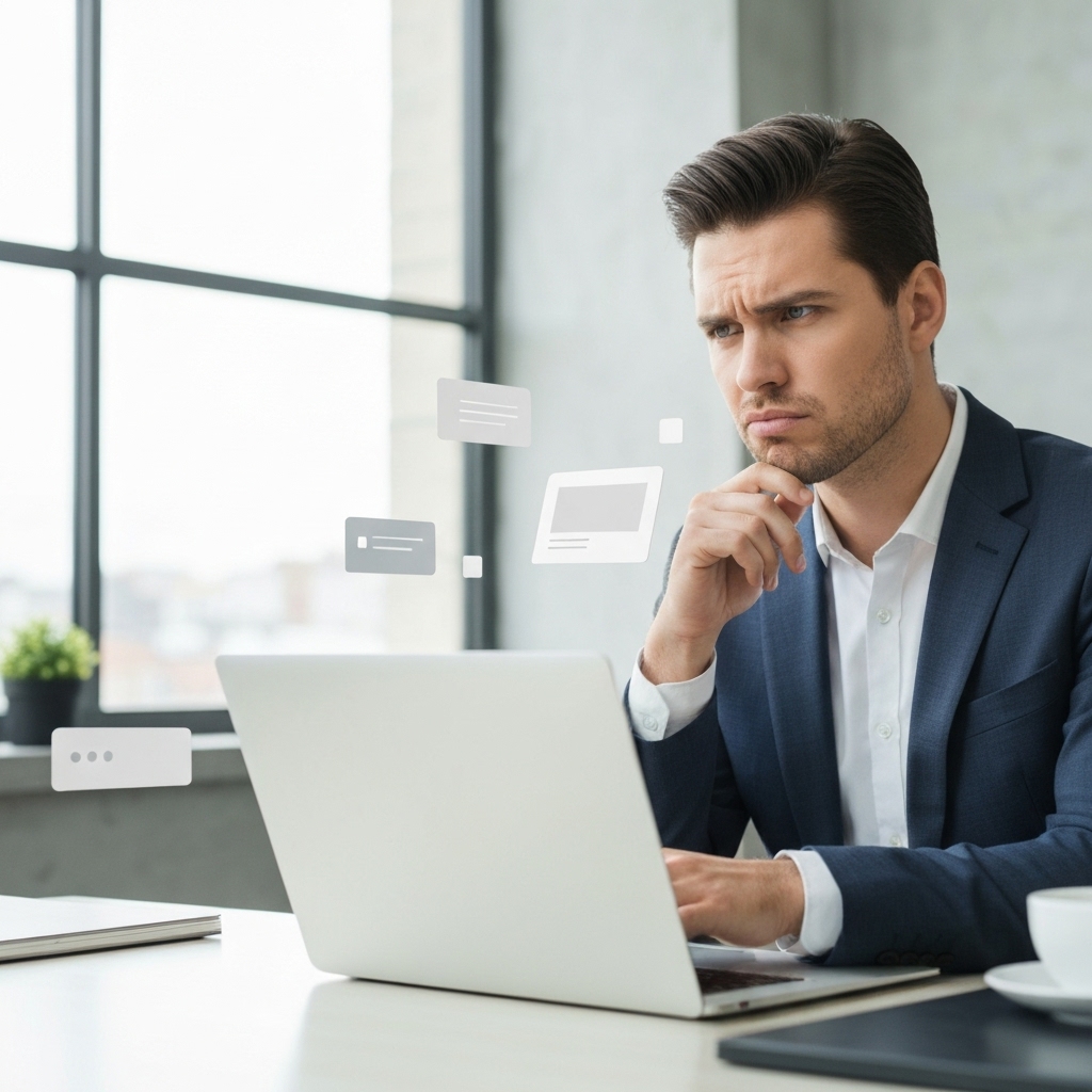 A professional analyzing a website builder interface on a laptop with a skeptical expression, simplistic design elements floating around