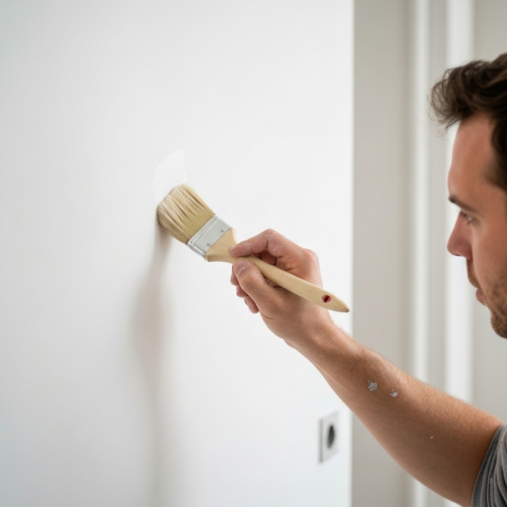 High quality close up of a professional painter applying white paint on a wall with precision tools in a modern Geneva apartment