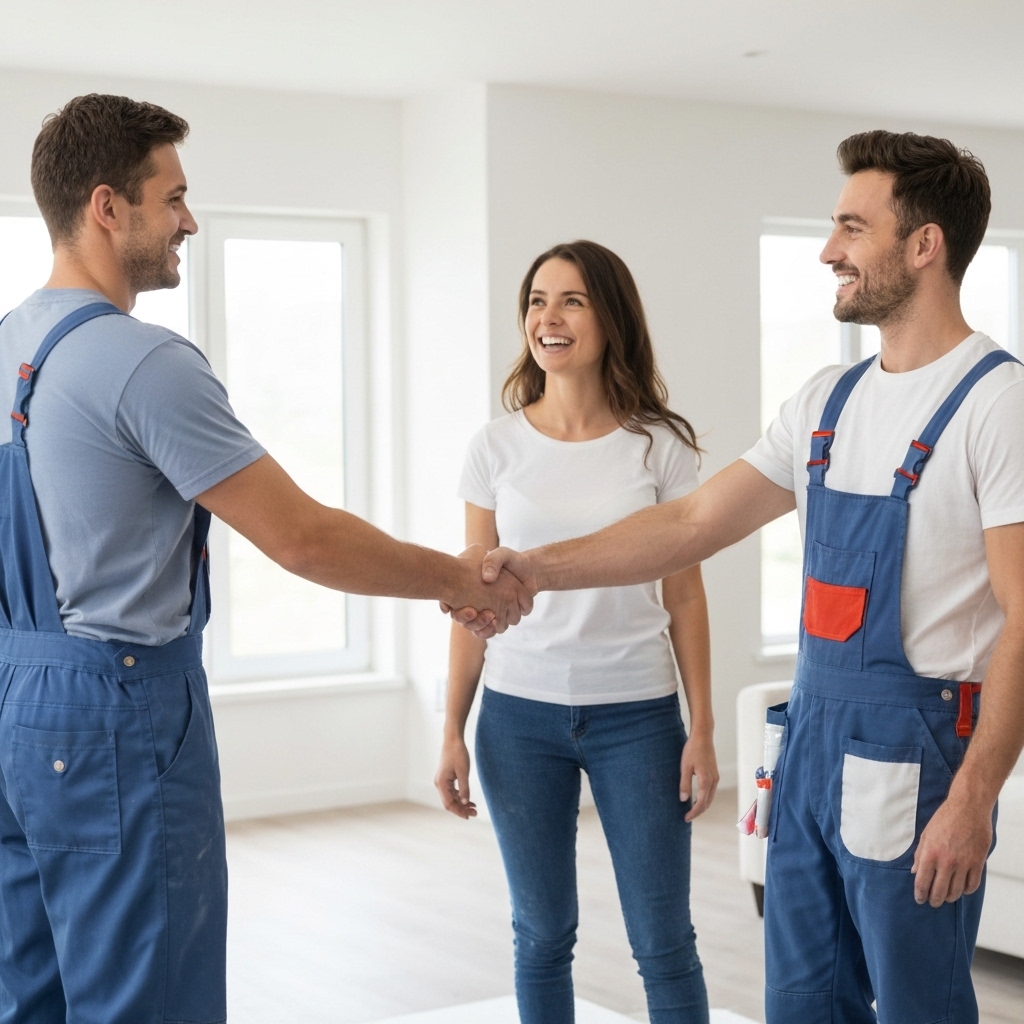 Professional painter shaking hands with a happy couple in a newly renovated living room highlighting customer satisfaction