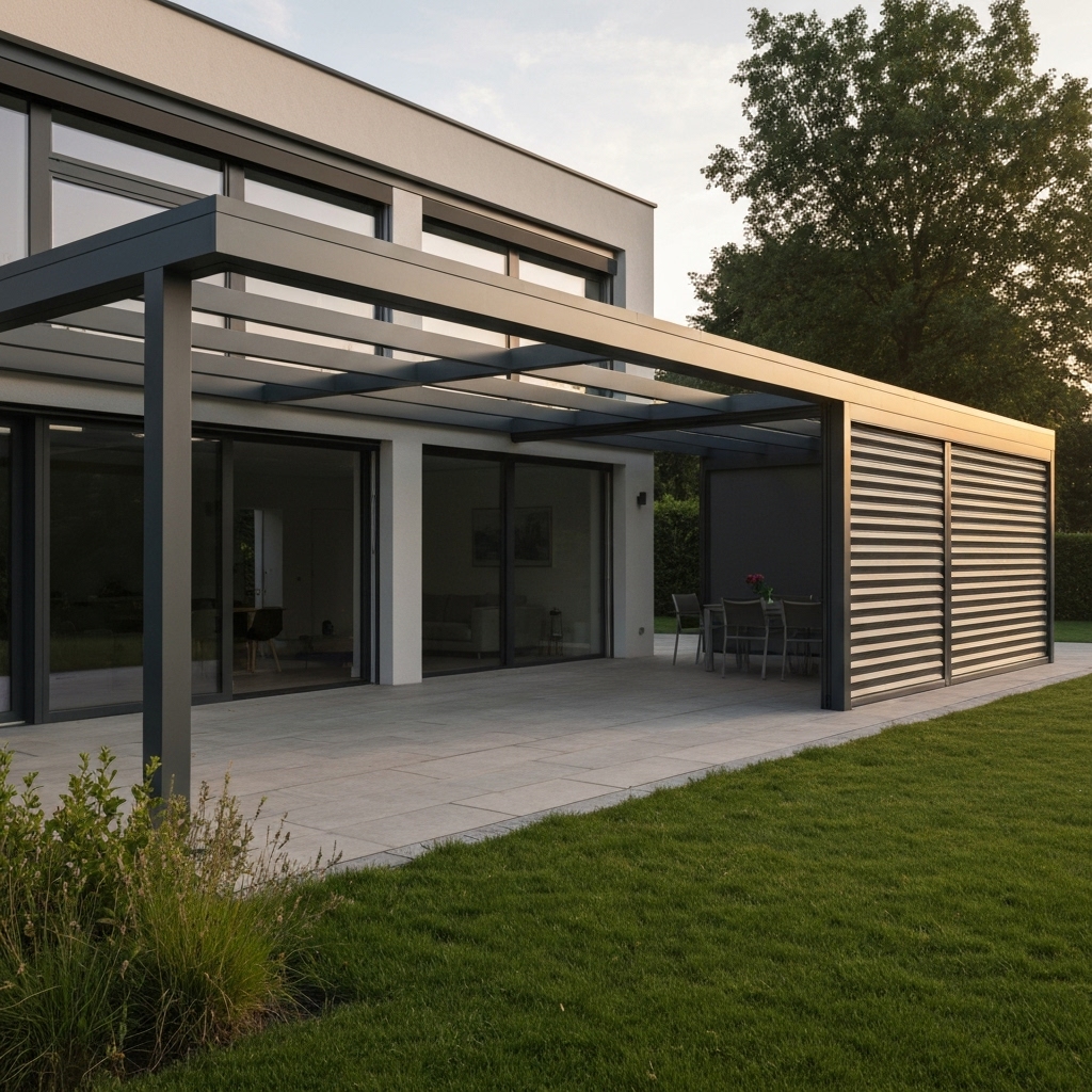 High-quality realistic photo of a modern bioclimatic pergola with zip screens halfway down, sheltering a cozy outdoor living room in a Swiss garden setting.