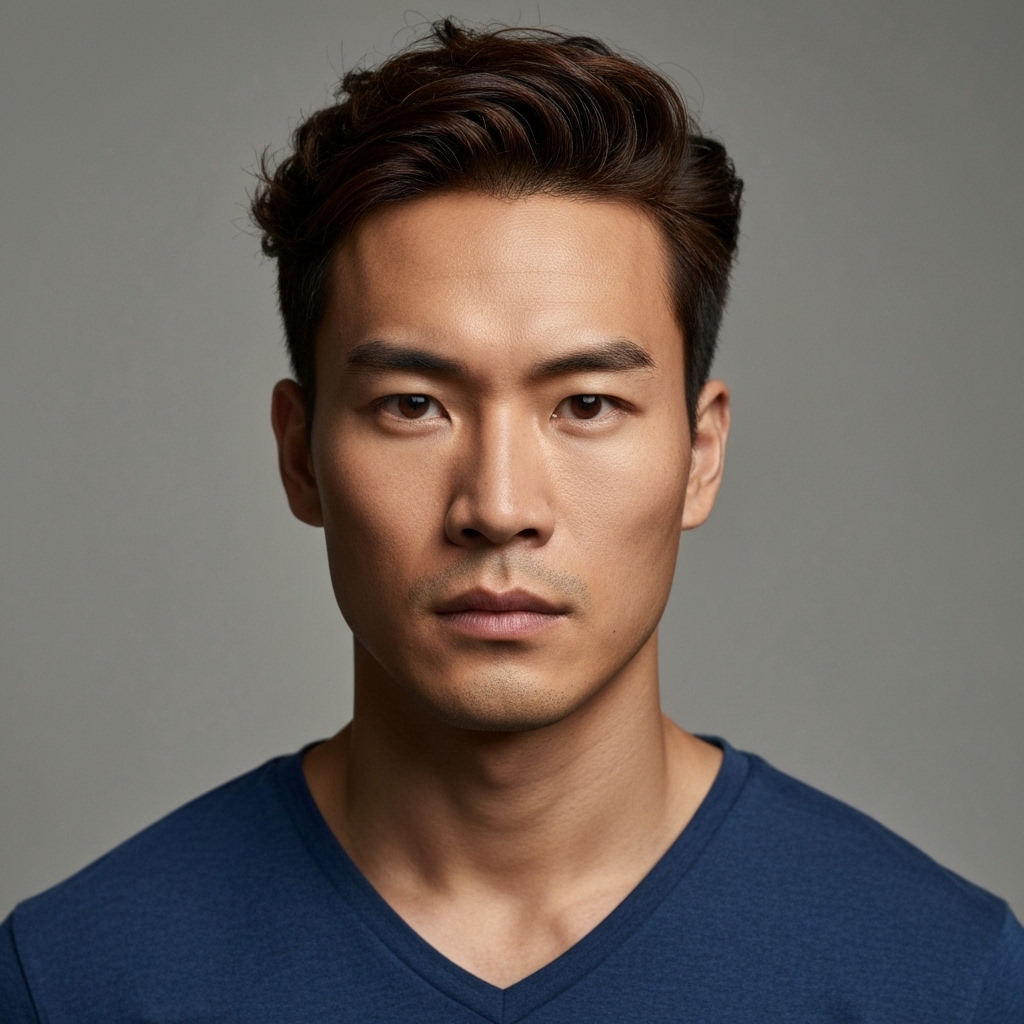 Close-up portrait of a young actor with intense eyes, natural lighting, looking directly at the camera, neutral background, cinematic style.