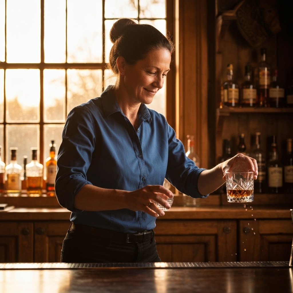 A close-up shot of a bartender pouring a golden amber whiskey into a vintage crystal glass with a blurred western bar background atmosphere