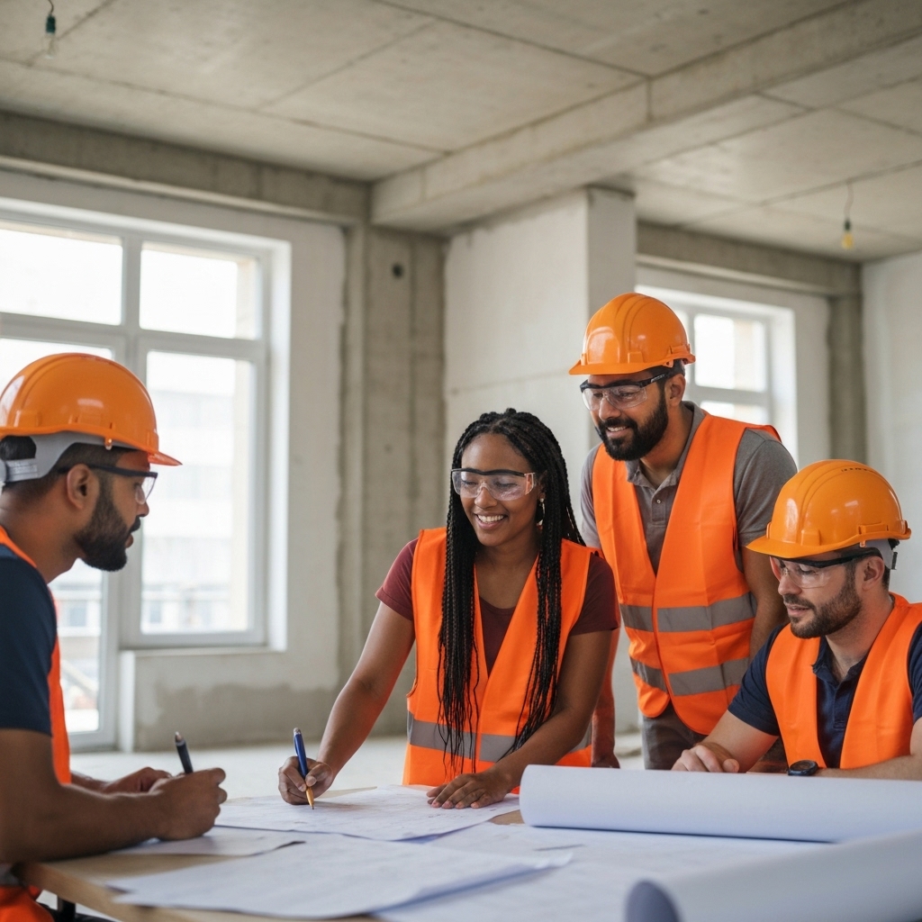 A professional renovation team discussing blueprints inside a modern unfinished apartment in Jura