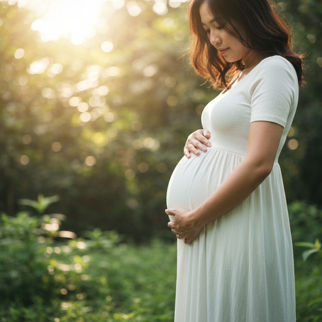 Soft lighting photo of a pregnant woman holding her belly in a peaceful natural environment illustrating the serenity of osteopathic care