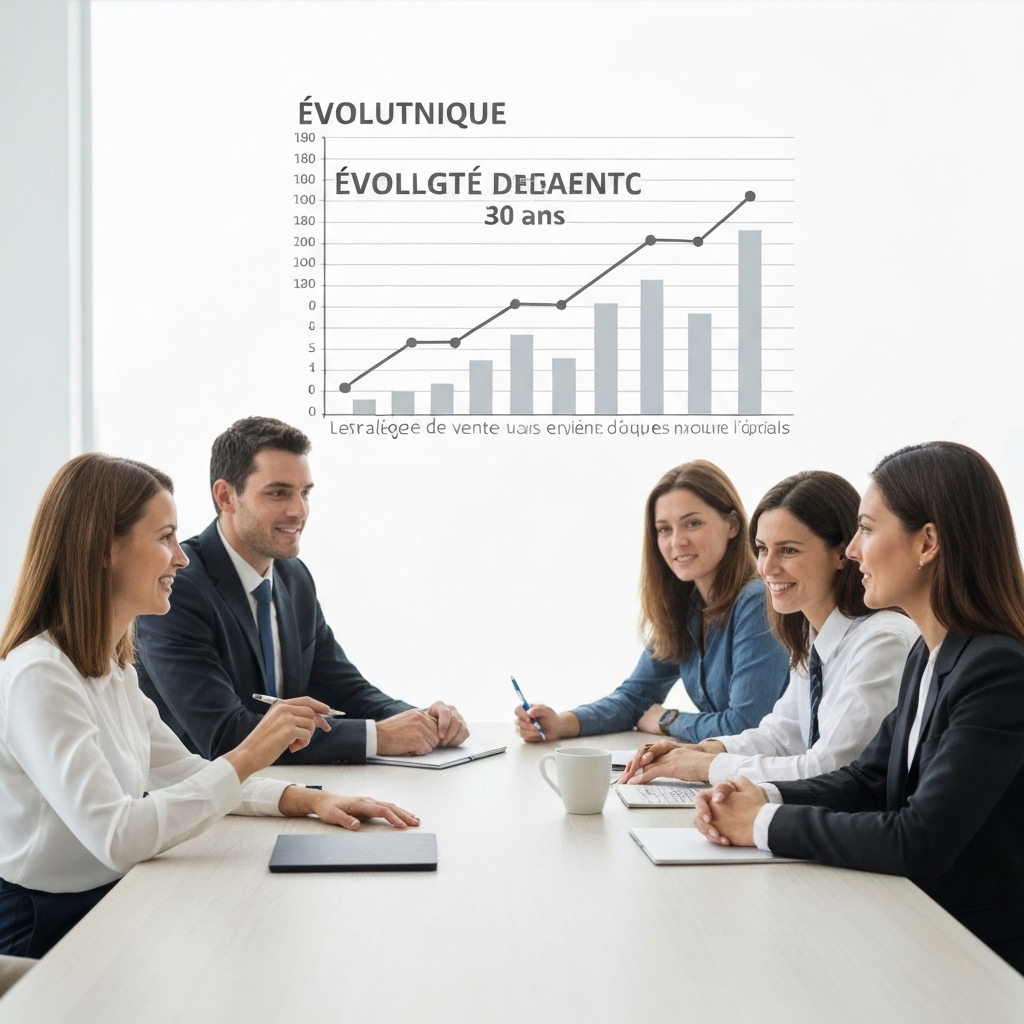 A professional team brainstorming sales promotion strategies with a timeline showing growth over 30 years