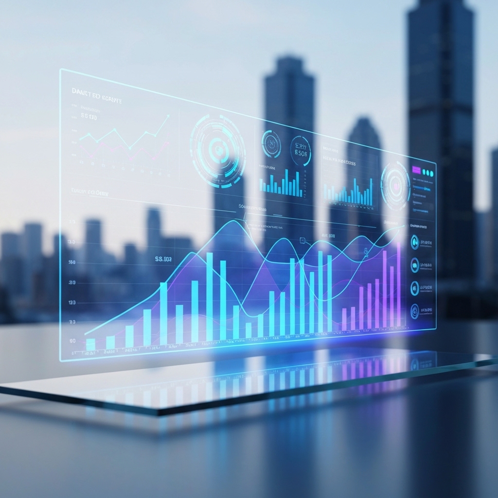 Futuristic digital dashboard showing exponential growth curves and data analytics in a sleek Swiss design style