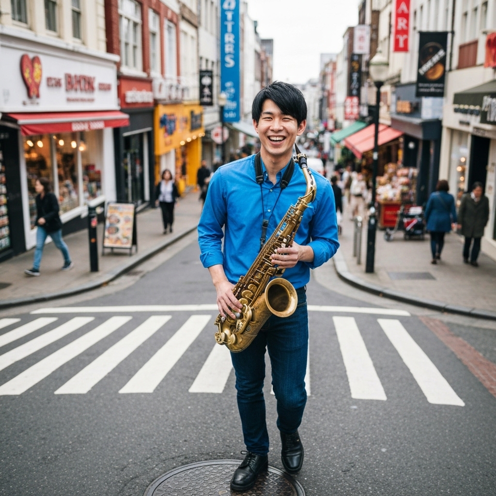 A street musician smiling while holding a smartphone showing a QR code to a passerby
