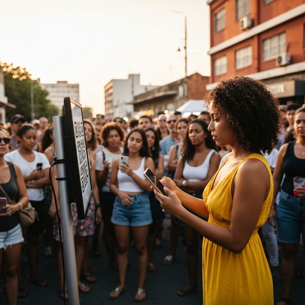 A crowd of people watching a street performance with one person holding a phone up to scan a code