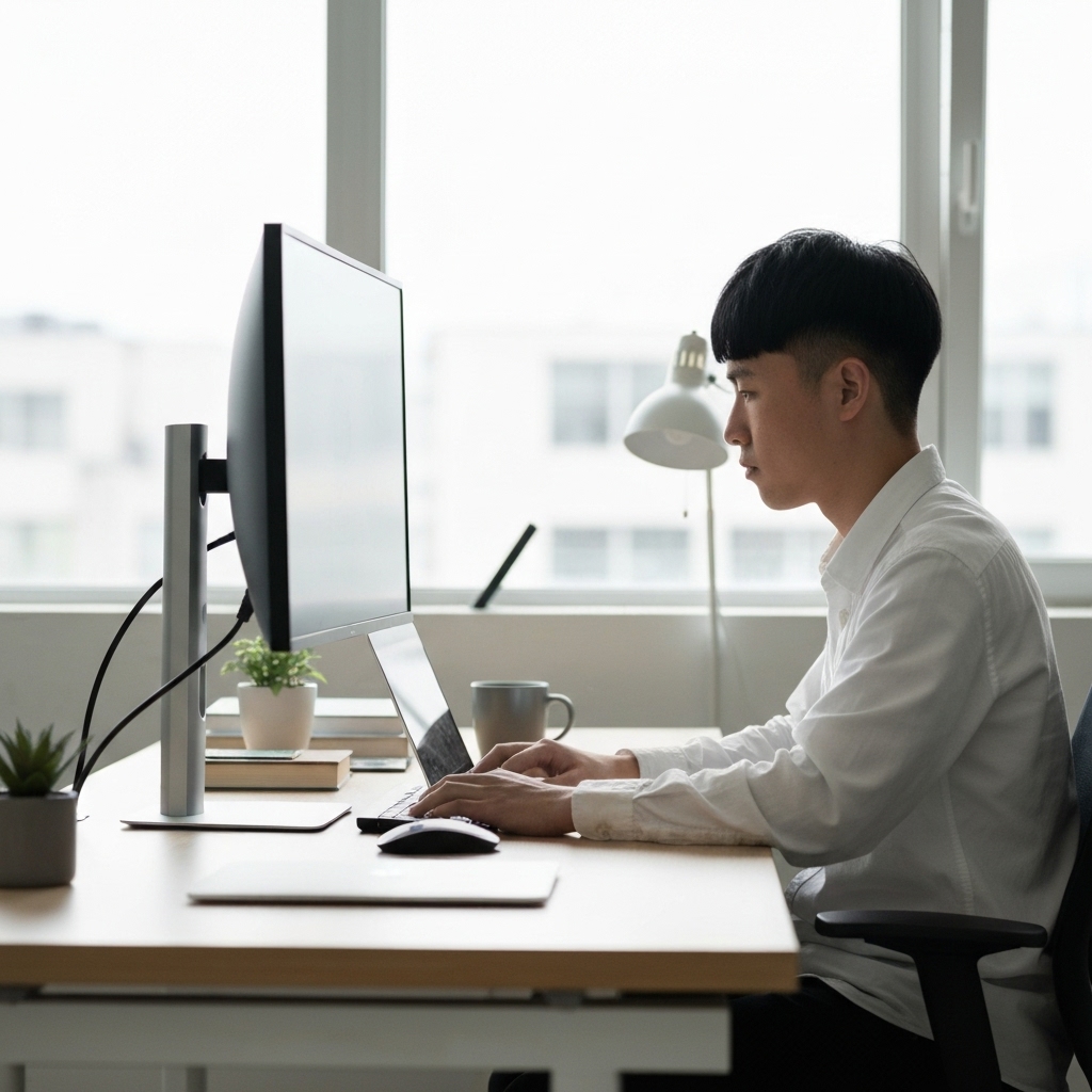 A futuristic digital workspace showing a glowing AI interface building a website structure on a sleek laptop screen