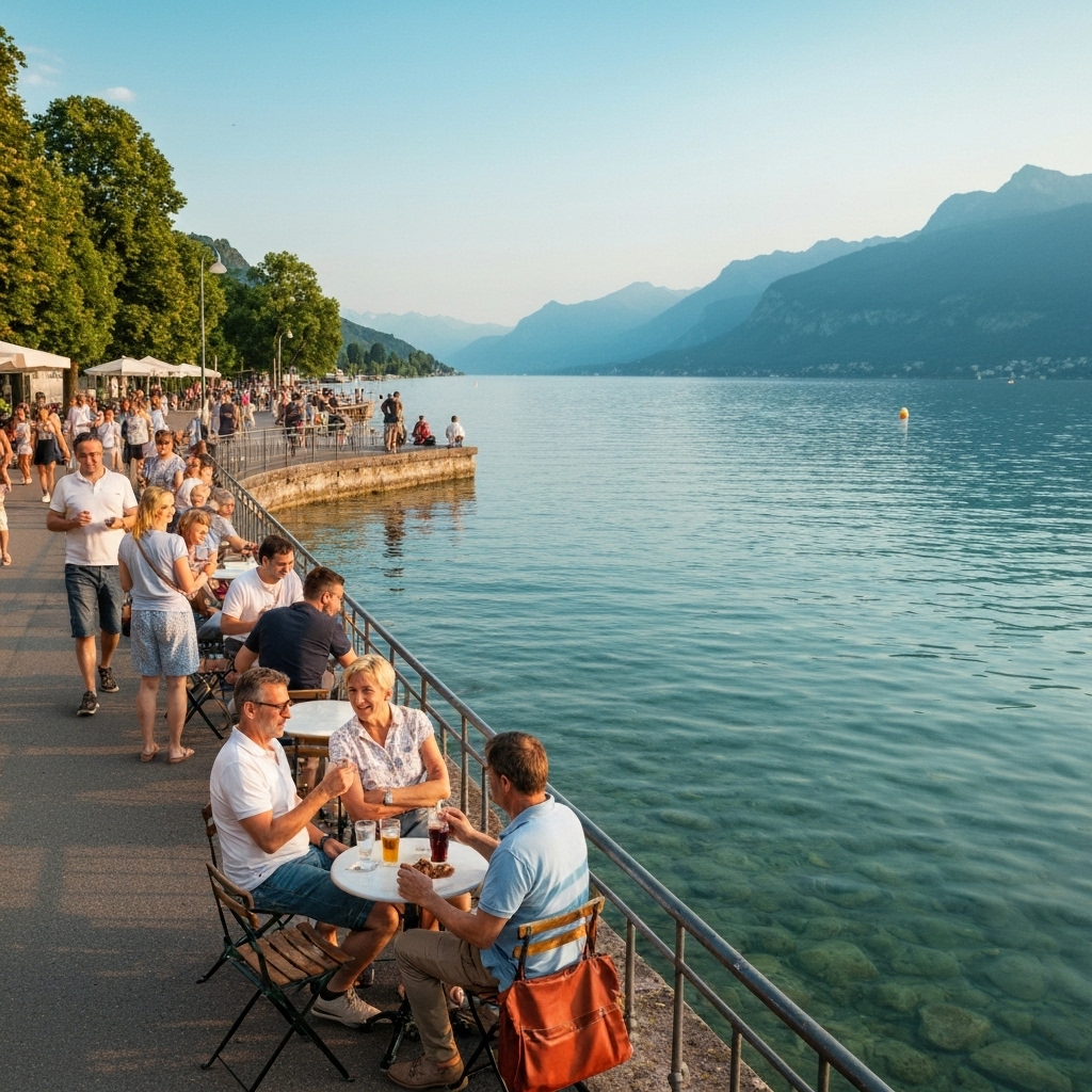 A wide shot of Vevey promenade by the lake with people enjoying a sunny day, focus on a relaxed atmosphere suitable for drinking mate