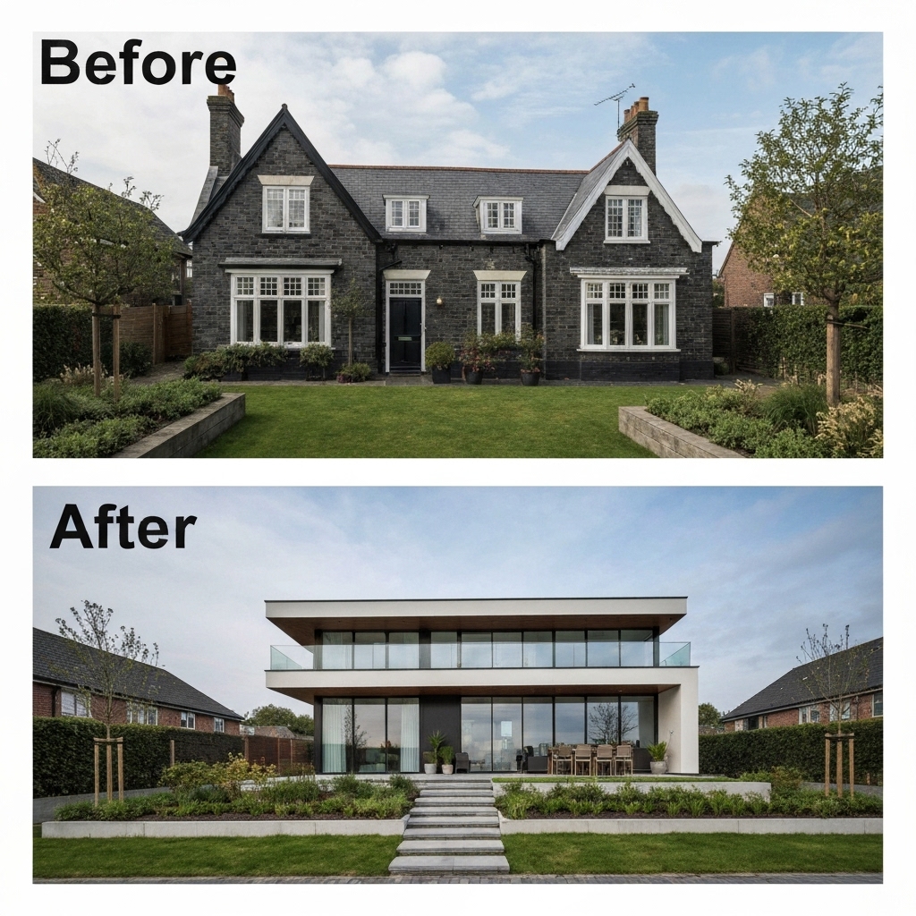 Modern house exterior before and after renovation concept, split screen