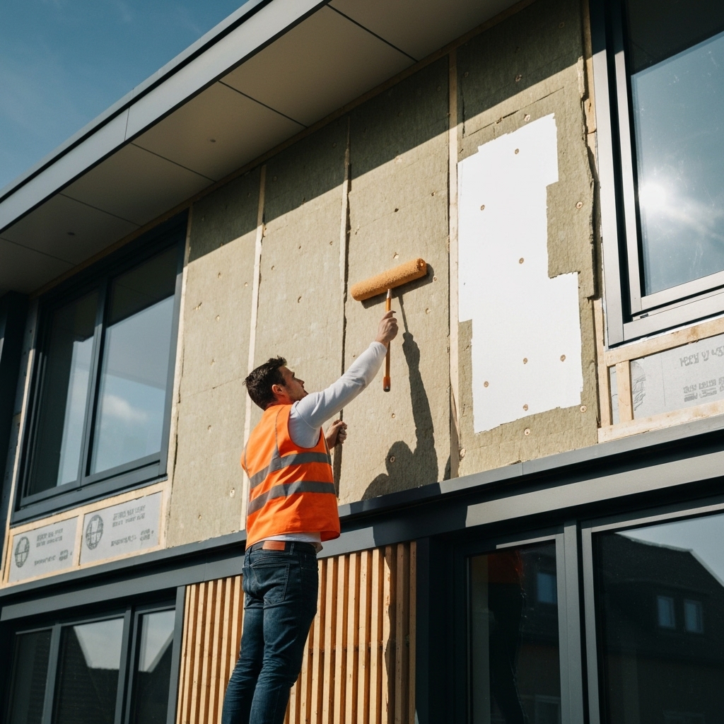 Professional worker applying external thermal insulation on a modern swiss house facade, close up detailing texture