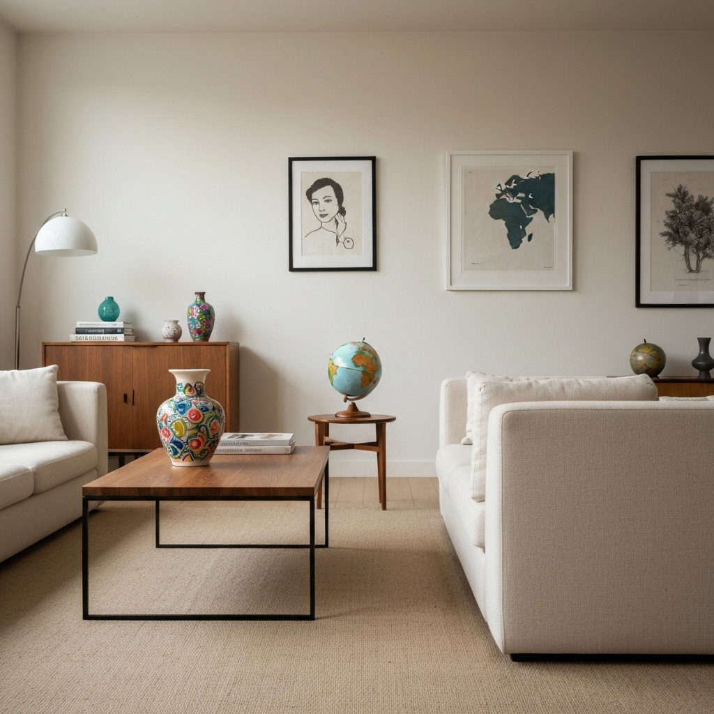 A bright, modern living room interior blending scandinavian furniture with eclectic artistic touches, showing a warm and unique atmosphere