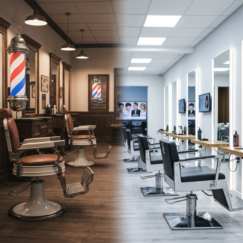 Side-by-side comparison showing a chic hair salon interior with designer chairs versus a screenshot of a modern, responsive website for the same salon