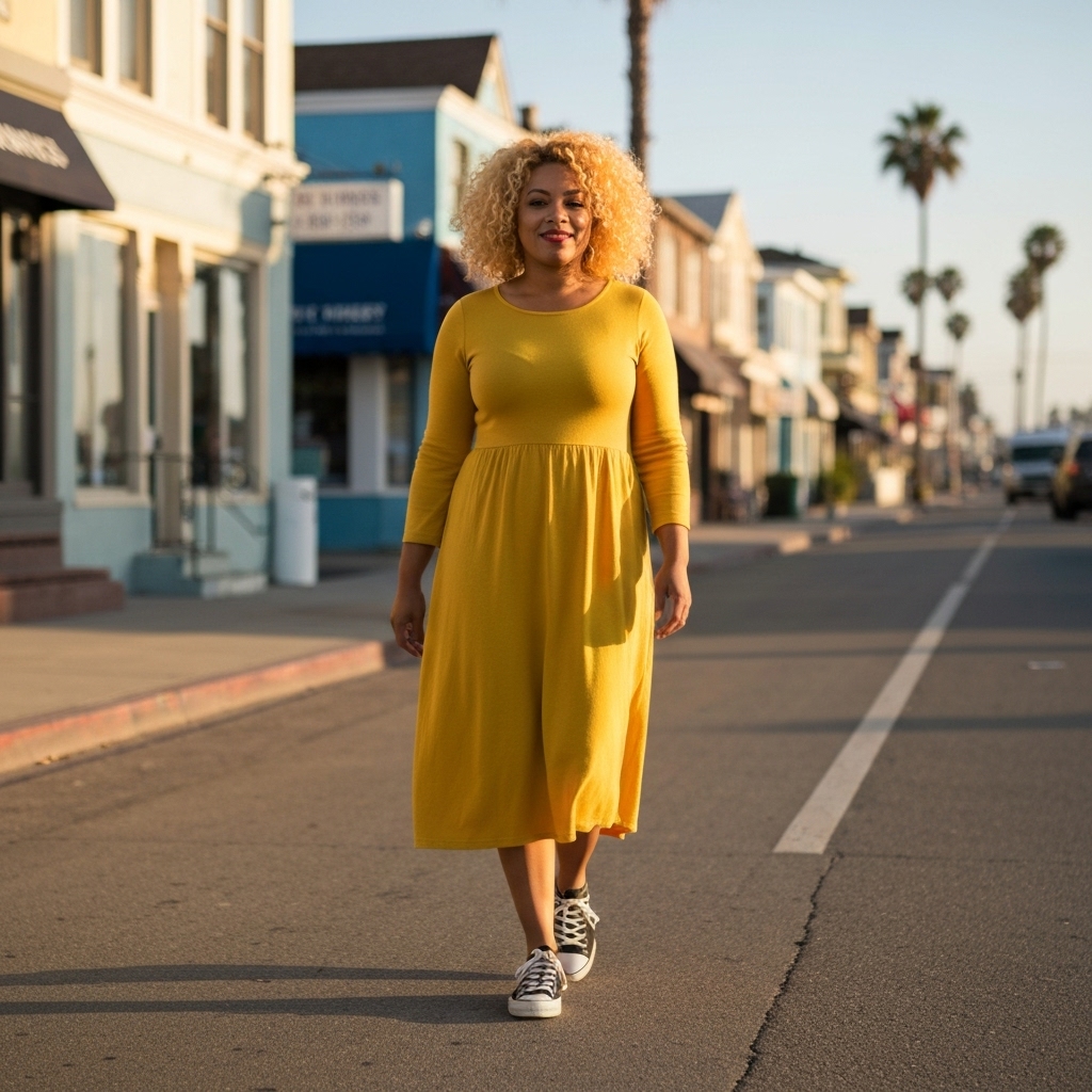 High quality photo of a stylish woman 35-45y walking on Abbot Kinney Blvd in Venice Beach wearing a vintage floral dress and a cardigan, warm lighting, golden hour