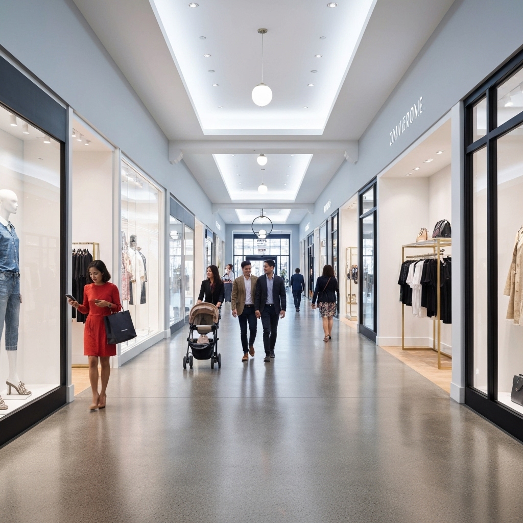 Realistic photo of a modern shopping center hallway with digital screens showing personalized ads and families interacting with a pop-up event decoration