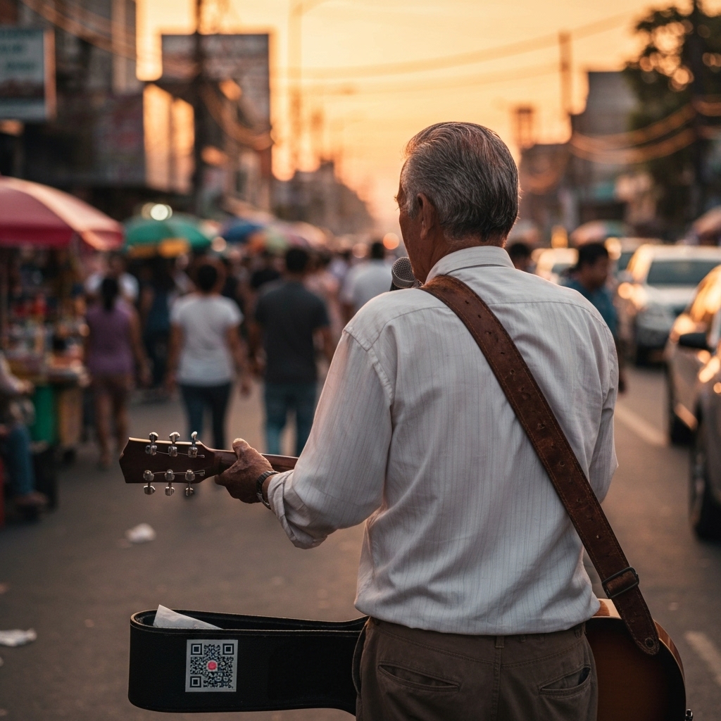 A street musician performing with a visible QR code sign on his guitar case, showing a smartphone scanning it