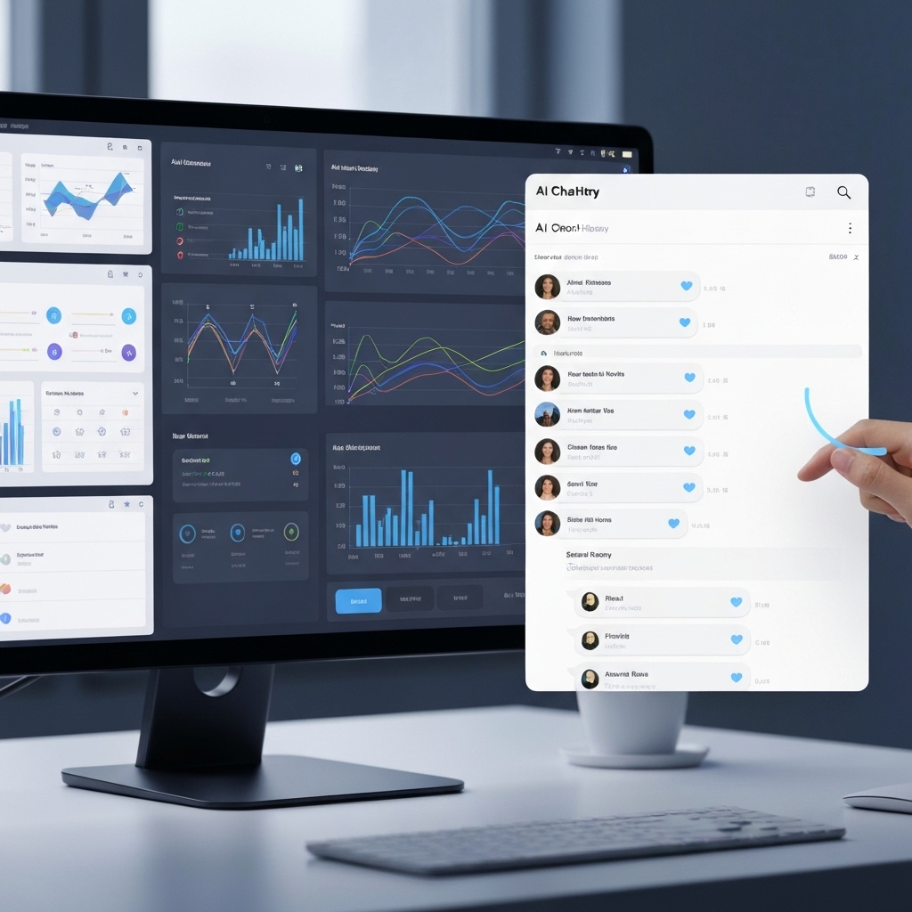 A futuristic digital workspace showing a split screen with a complex dashboard on one side and a simple AI chat interface on the other, representing Shopify vs Kleap