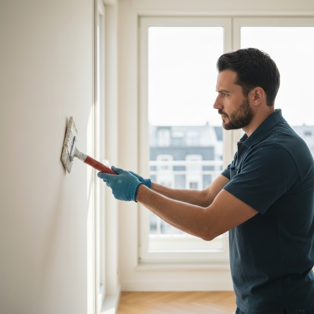 Professional painter examining a wall for renovation in a modern apartment in Lausanne