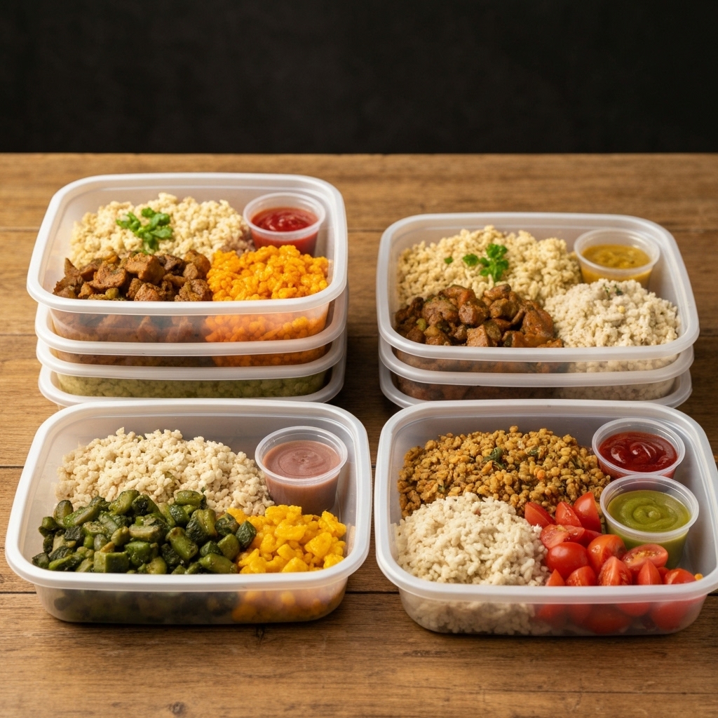 Close-up of a diverse range of healthy meal prep containers stacked neatly on a wooden table, emphasizing nutrition for busy professionals