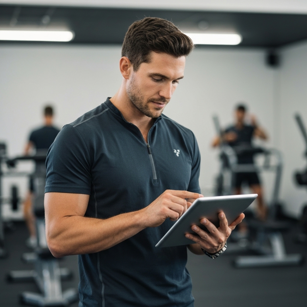 Professional fitness coach analyzing performance data on a tablet inside a modern private gym in Crissier looking professional and welcoming