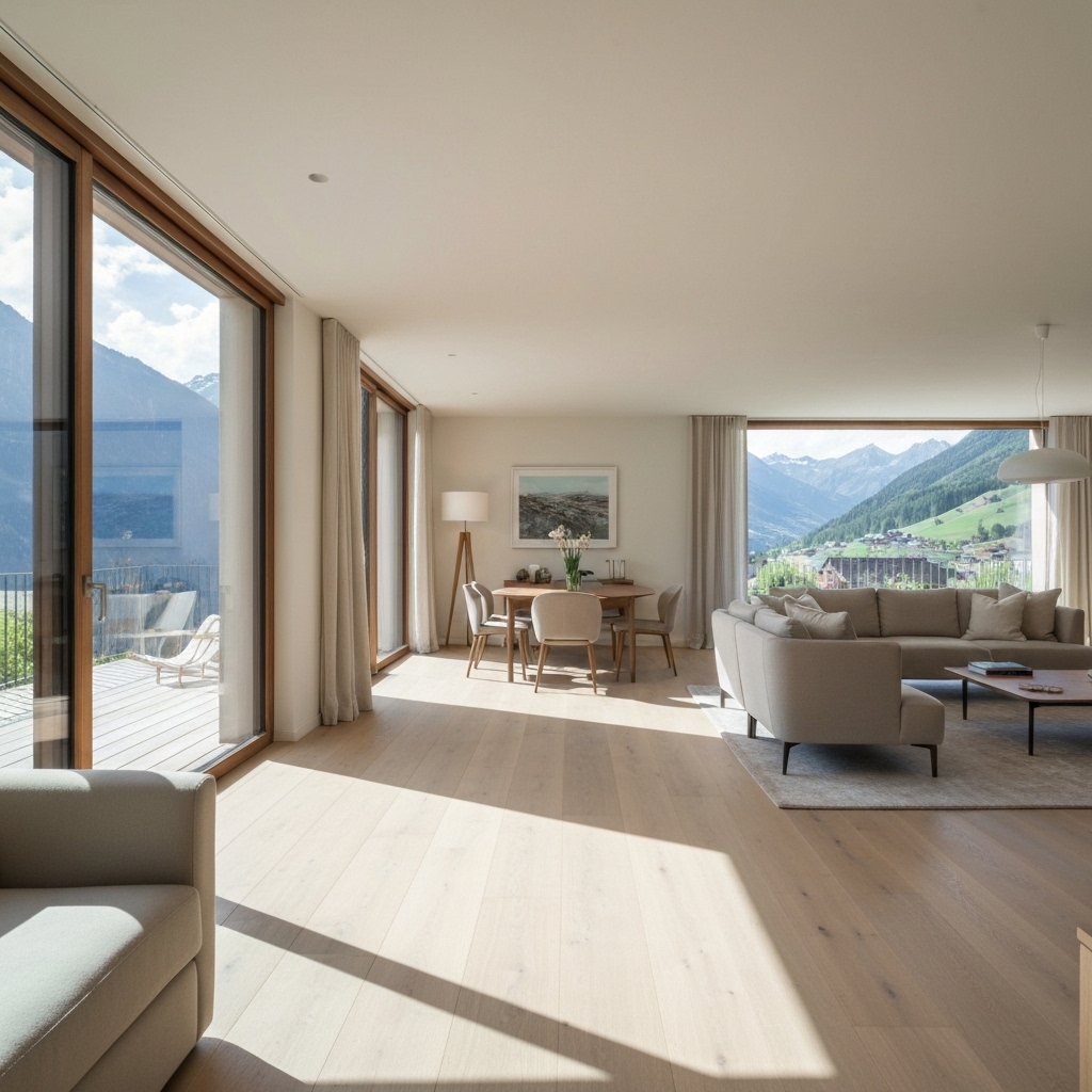 Photoréalistic image of a spacious modern swiss living room with open plan, neutral colors, wooden floor and large windows letting natural light in, high quality furniture