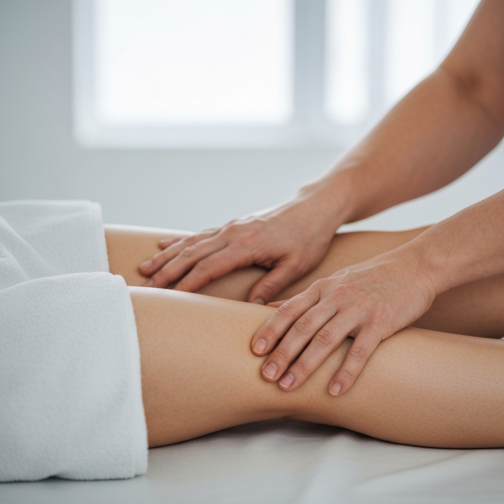 Close-up of gentle hands working on the neck fascia of a relaxed patient, emphasizing the somato-emotional connection