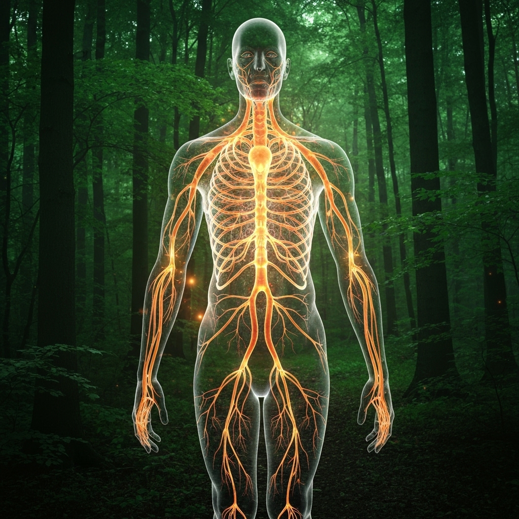 A calming, abstract visualization of the human nervous system healing, with warm colors representing relief in a natural setting, symbolizing integrative treatment in Vertou