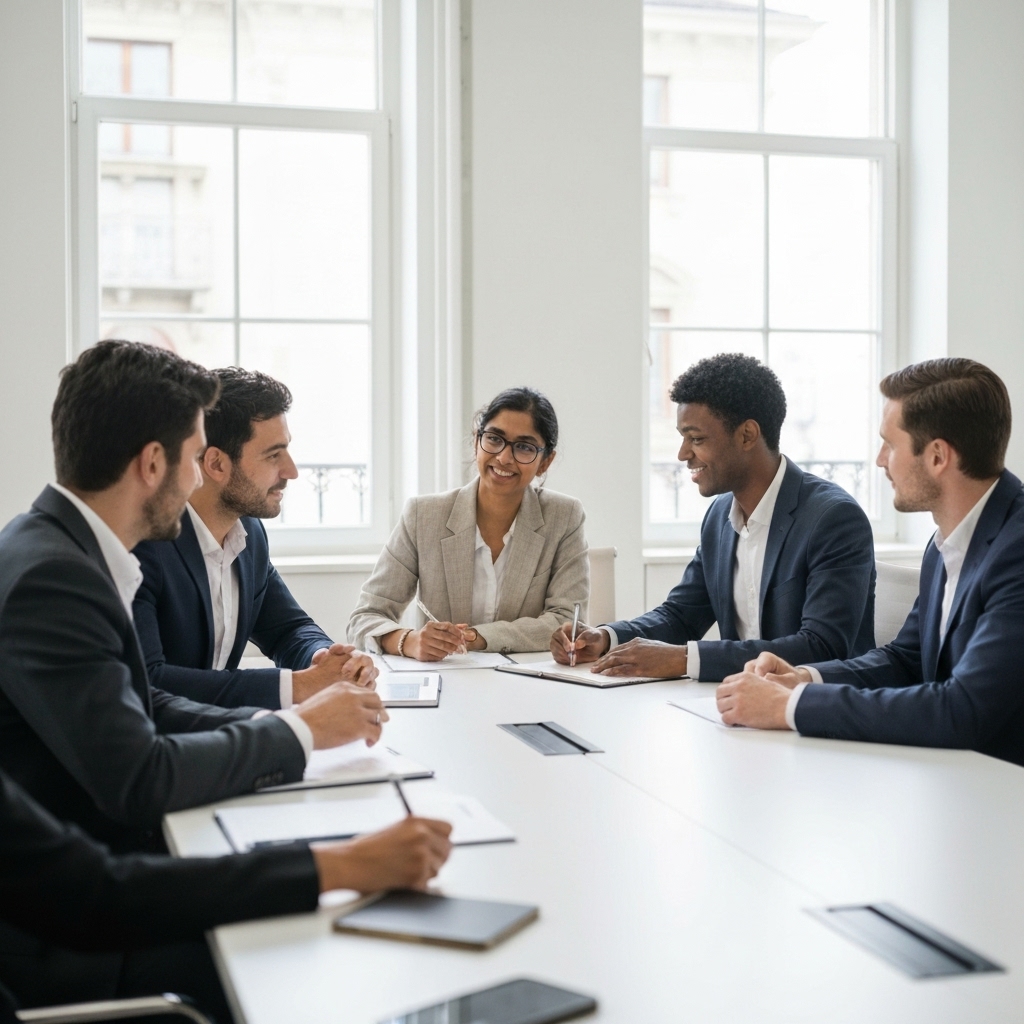 Professional team discussing marketing strategy around a table in a modern office in Lausanne