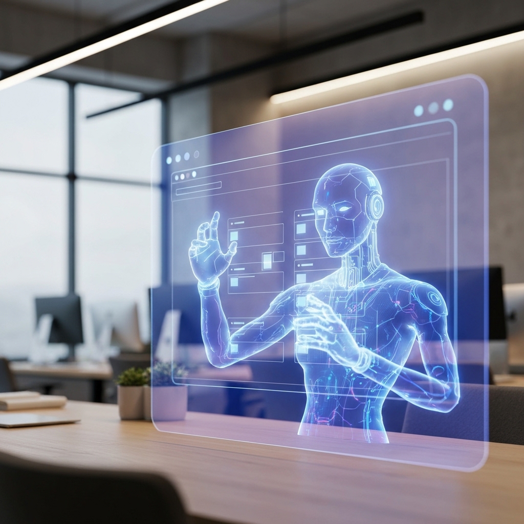 Futuristic digital workspace showing an AI agent building a website structure on a holographic screen