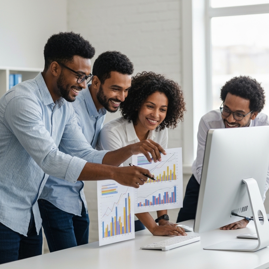A modern digital agency team analyzing growth charts on a screen, looking satisfied with the automated results