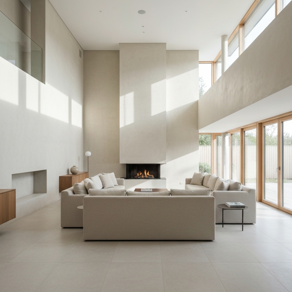 A modern, bright living room renovation in Neuchâtel showing smooth plaster walls and elegant decoration, realistic style