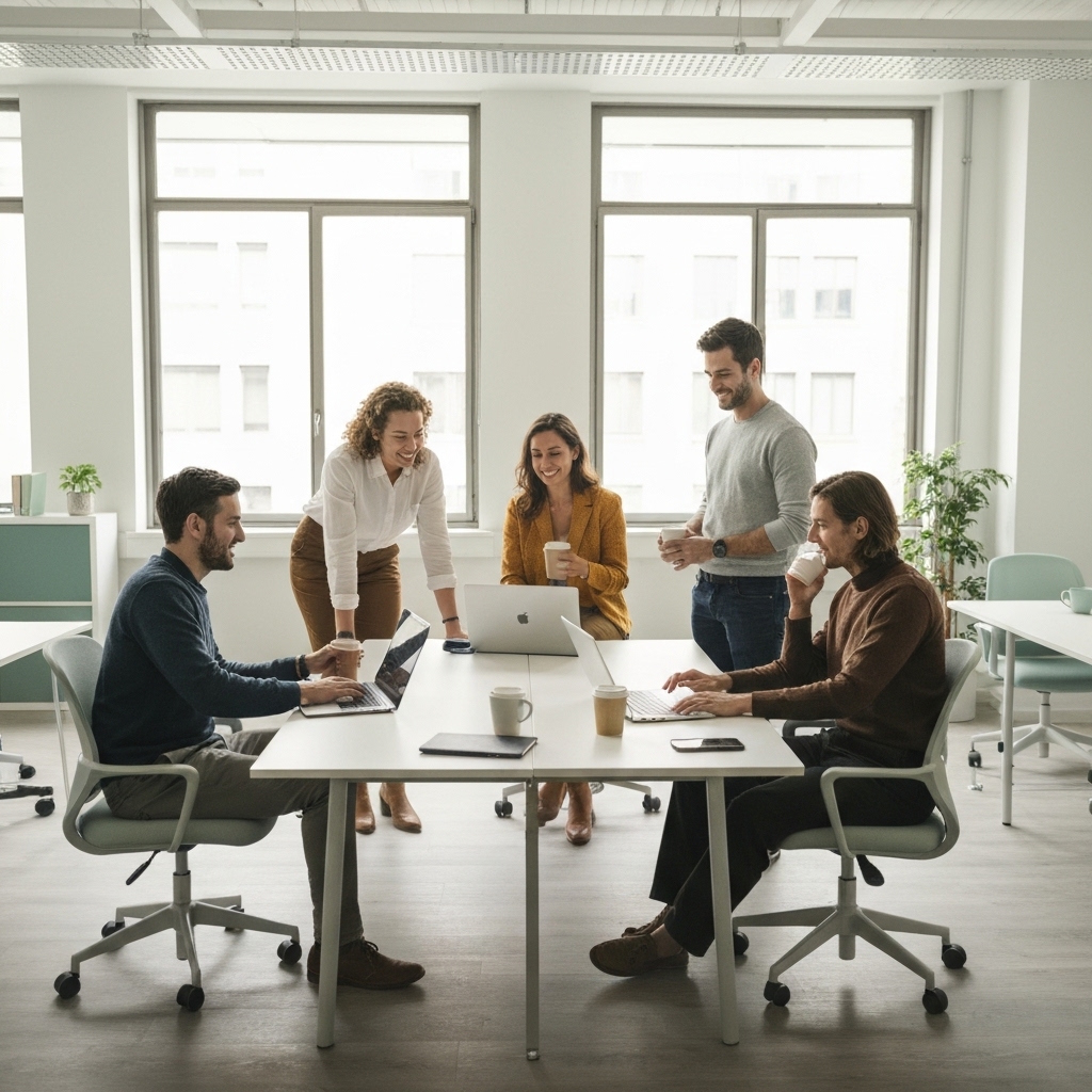 A professional team working on a WordPress website in a modern office in Lyon with laptops and coffee