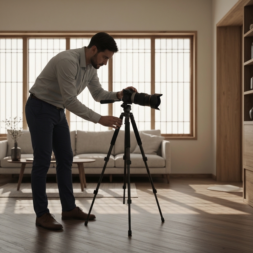 A professional photographer adjusting a tripod with a wide angle lens in a beautifully staged japandi style living room with natural light streaming in