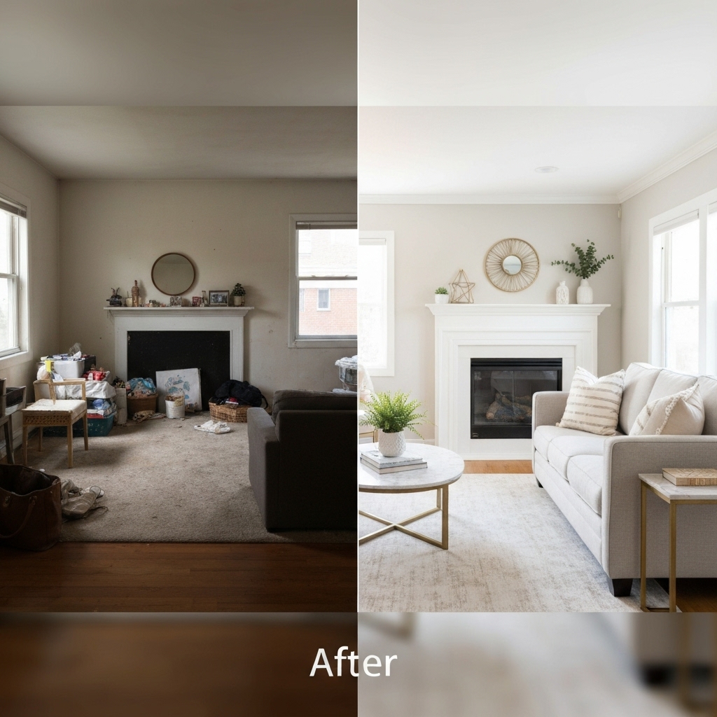 Before and after comparison of a living room staging showing clutter removal and addition of warm neutral decor elements
