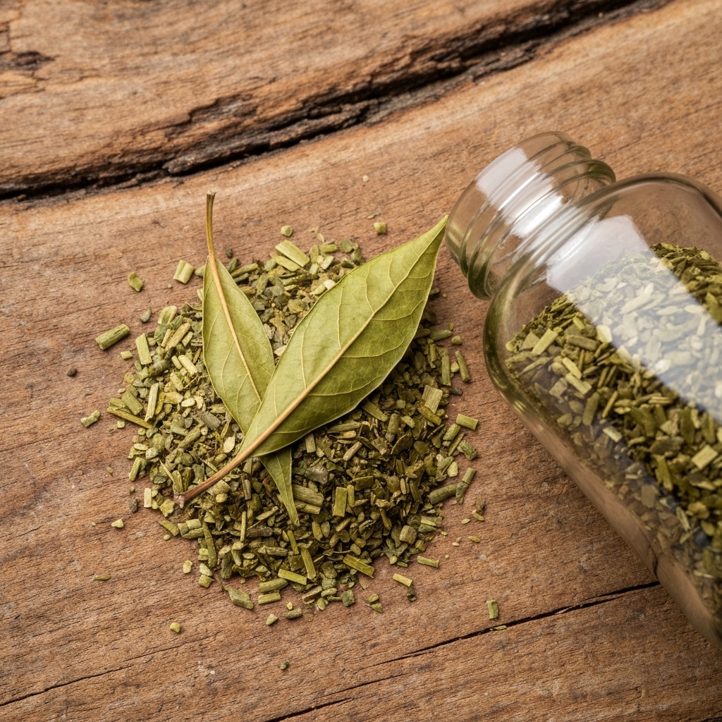 Close up naturel de feuilles de yerba mate séchées et d'une bouteille en verre réutilisable sur une texture de bois brut