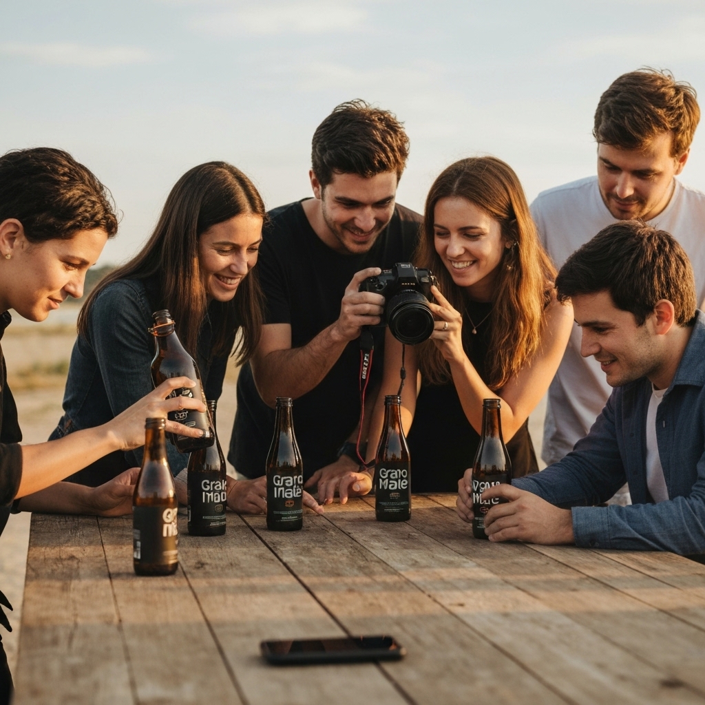 Equipe de jeunes adultes créatifs en train de photographier des bouteilles de Grano Maté sur une table en bois en extérieur avec une lumière naturelle dorée